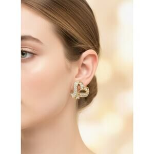 Vintage Swarovski Gold Tone Pavé Heart Earrings Signed